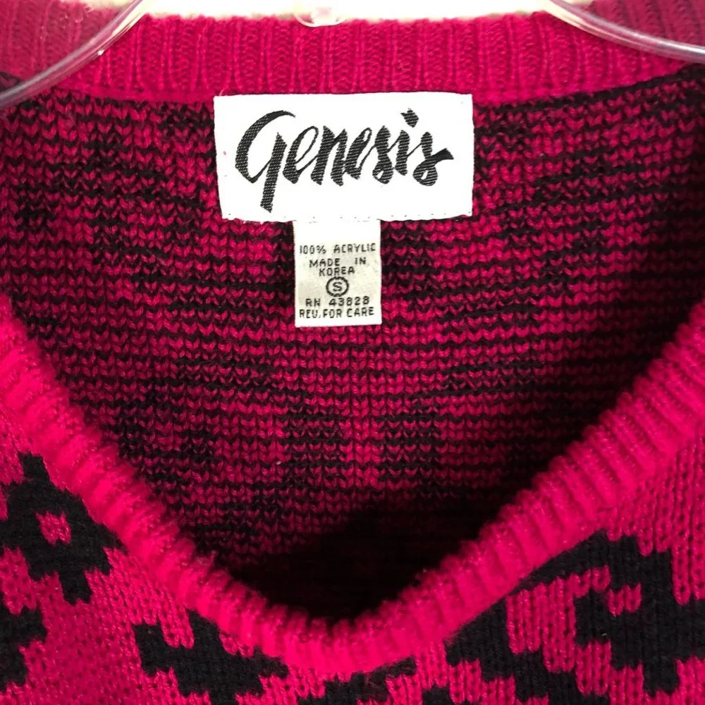 VTG Genesis 80s 90s Fushia Pink - Black Pullover Oversized Acrylic Knit Sweater - Picture 5 of 7